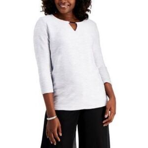 JM COLLECTION Womens Silver Shimmery Jacquard Stripes Keyhole Wear to Work Top S